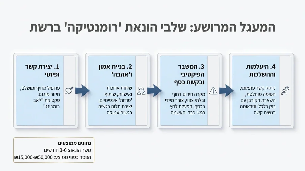 נוצר על ידי מודל בינה מלאכותית Gemini Pro צללית של אדם מול מחשב המייצג מתחזה רומנטי