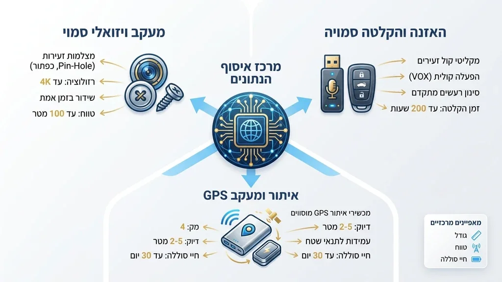 נוצר על ידי מודל בינה מלאכותית Gemini Pro ציוד מעקב טכנולוגי מתקדם על שולחן משרדי
